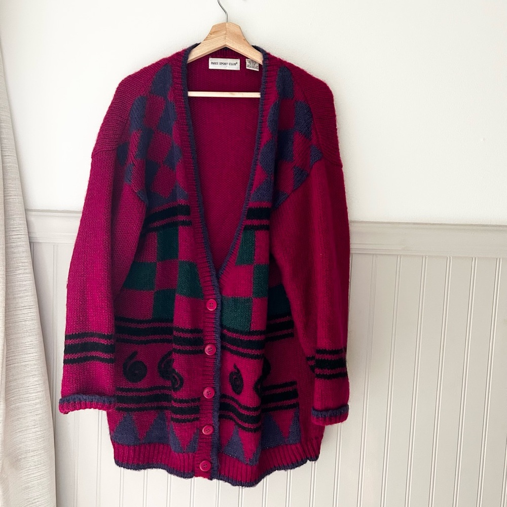 Vintage 80s Paris Sport Club Mohair Blend Oversized Cardigan Magenta Large